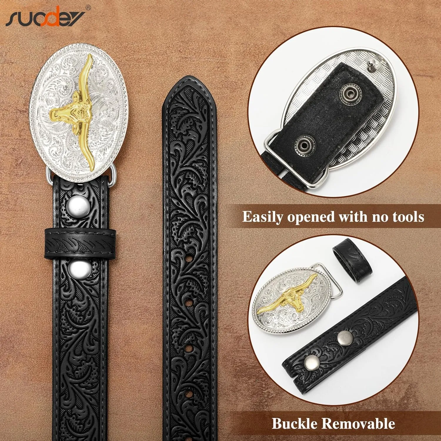 SUOSDEY Kids Western Belt for Boys Girls,Toddler Youth Cowboy Cowgirl Genuine Leather Belt with Longhorn Bull Buckle