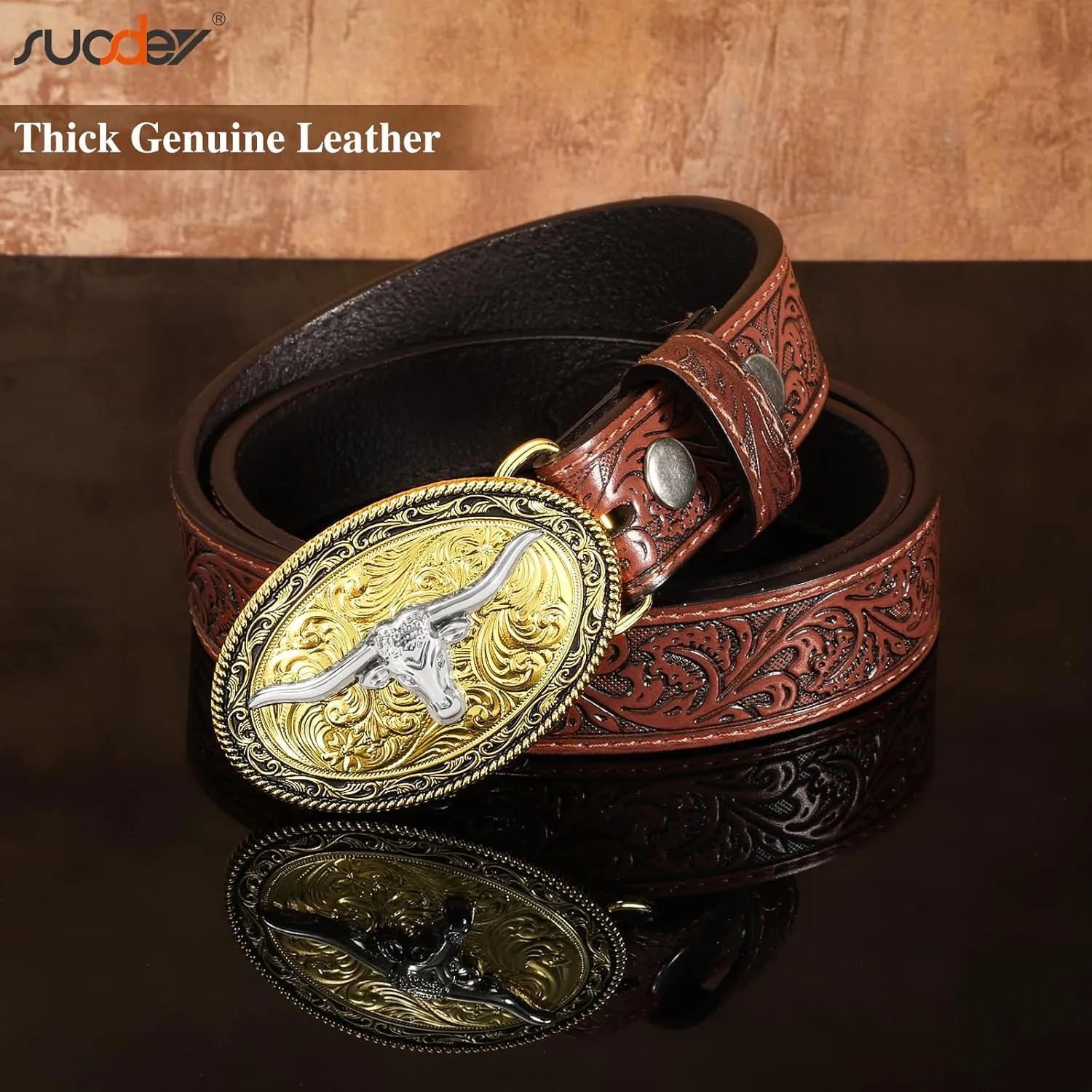 SUOSDEY Kids Western Belt for Boys Girls,Toddler Youth Cowboy Cowgirl Genuine Leather Belt with Longhorn Bull Buckle