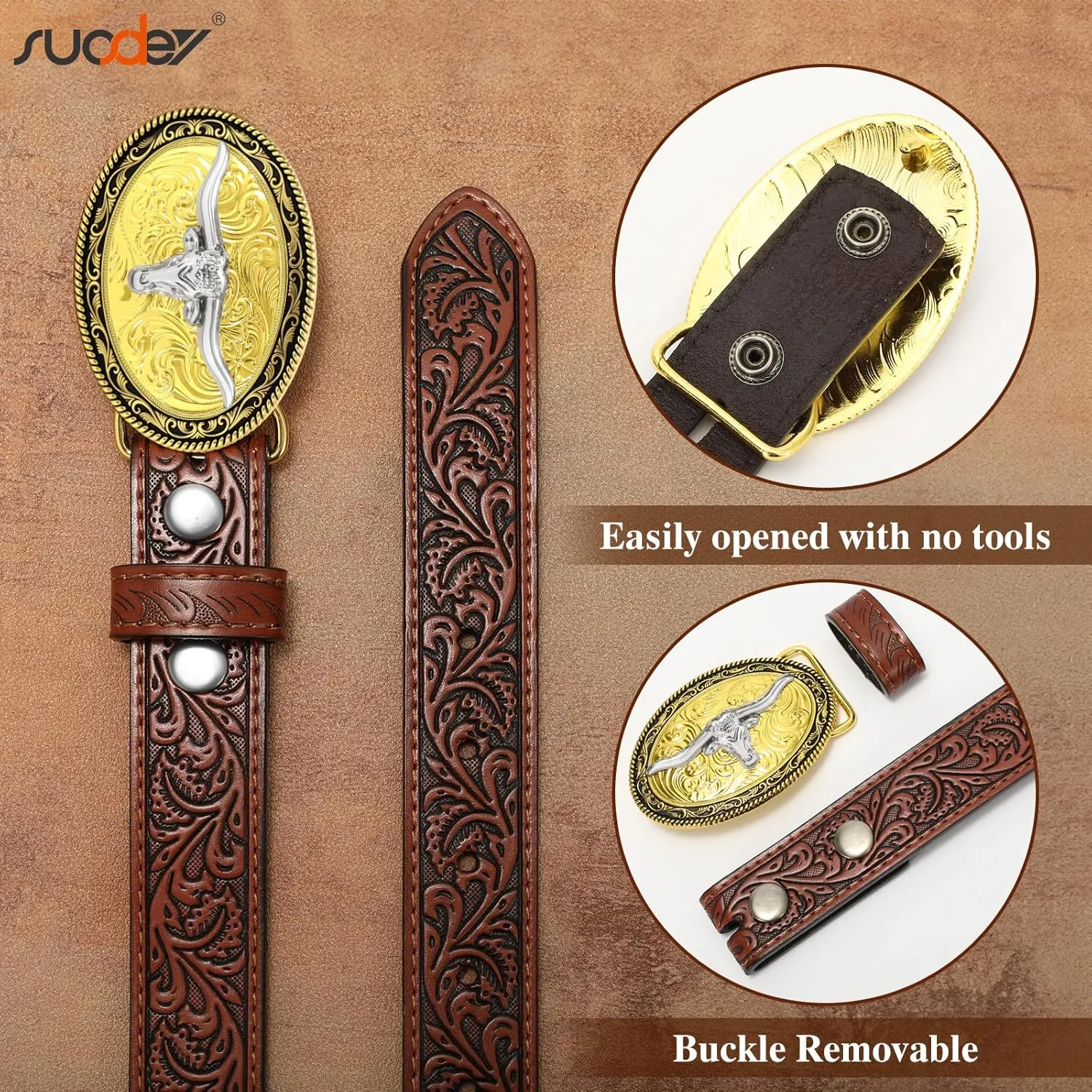 SUOSDEY Kids Western Belt for Boys Girls,Toddler Youth Cowboy Cowgirl Genuine Leather Belt with Longhorn Bull Buckle