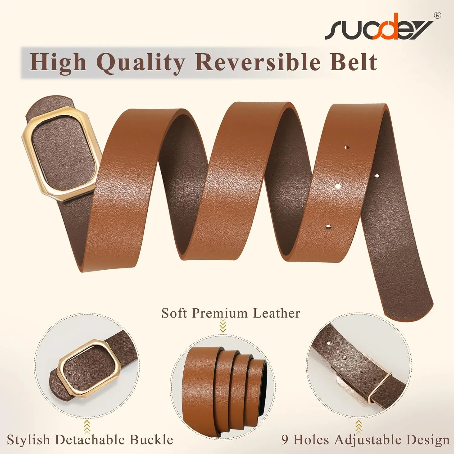 SUOSDEY Women Reversible Leather Belt for Jeans Pants Dresses Ladies Waist Belt, 1.3" Width