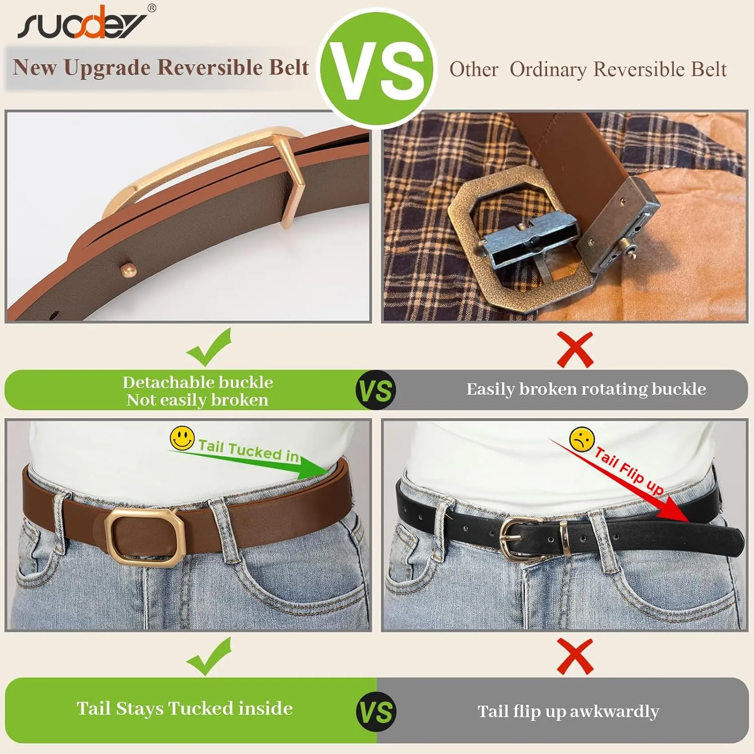 SUOSDEY Women Reversible Leather Belt for Jeans Pants Dresses Ladies Waist Belt, 1.3" Width