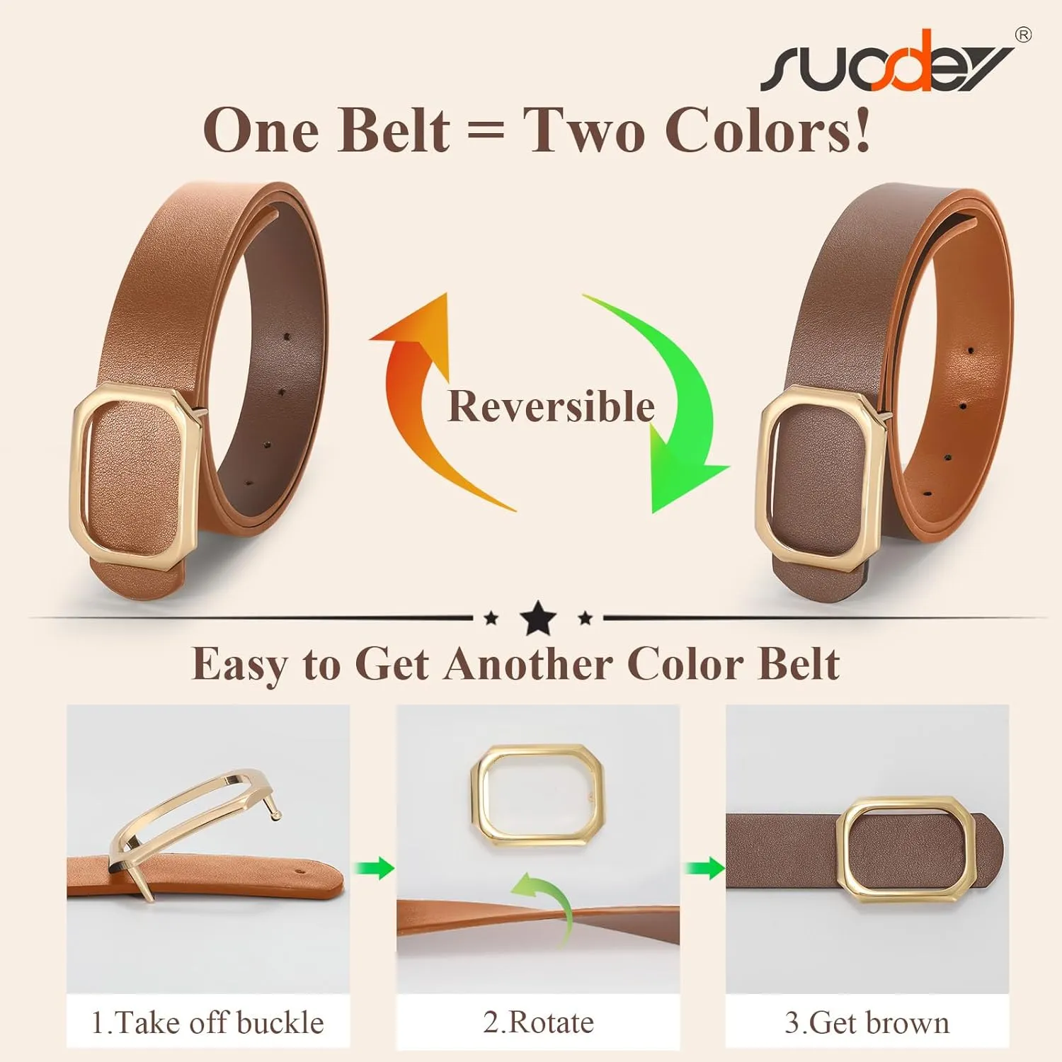 SUOSDEY Women Reversible Leather Belt for Jeans Pants Dresses Ladies Waist Belt, 1.3" Width