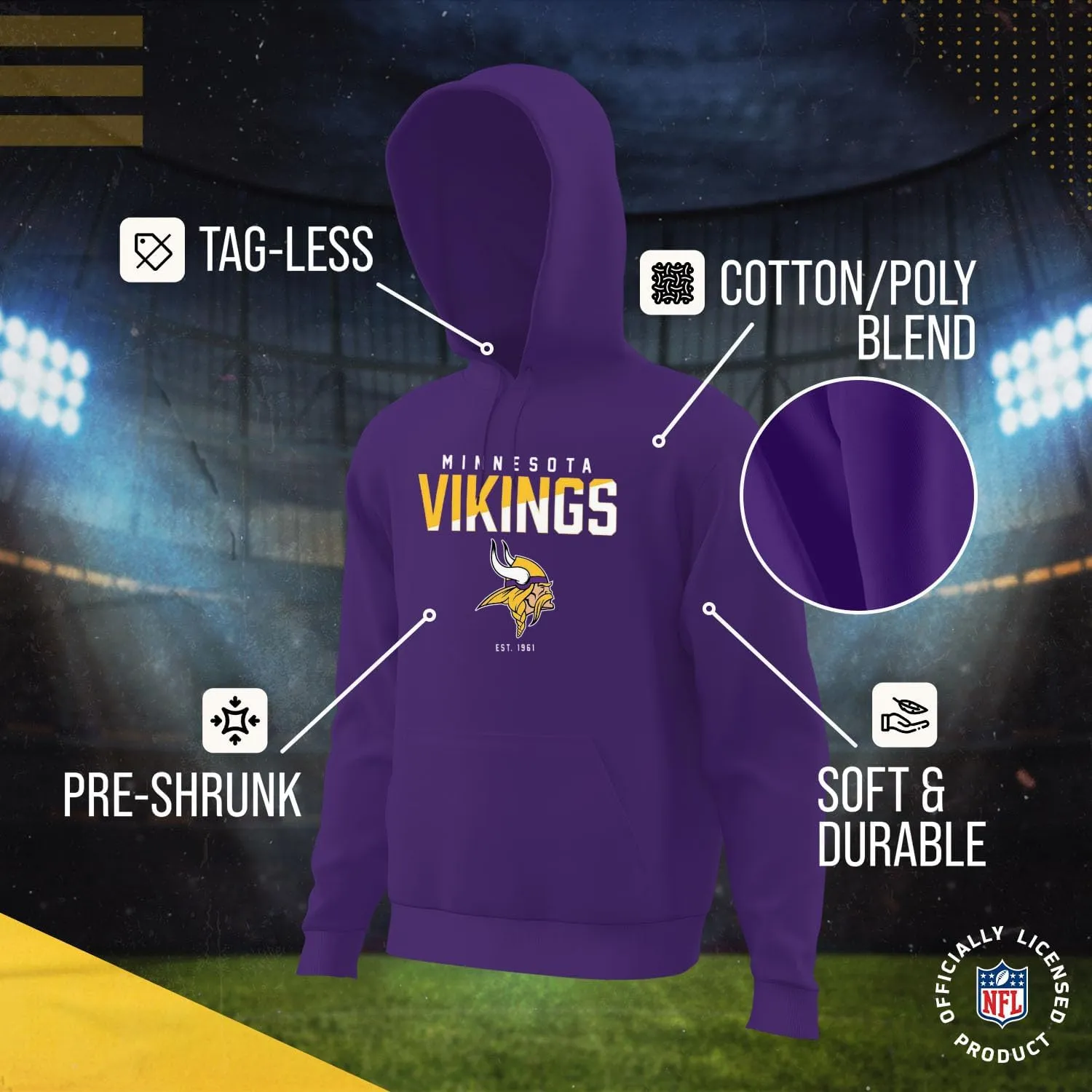Team Fan Apparel Adult NFL Diagonal Fade Fleece Hooded Sweatshirt - Unisex Tagless - Officially Licensed Football Pullover