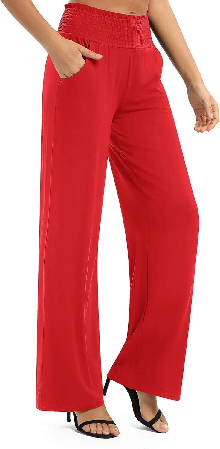Urban CoCo Womens High Waist Flowy Palazzo Pants Elastic Waist Wide Leg Stretchy Straight Leg Dressy Casual Lounge Trousers