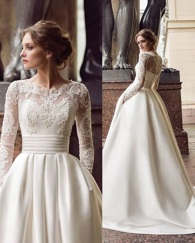 Vintage A-Line Long Sleeves Ivory Satin Wedding Dress with Pockets VK210428002