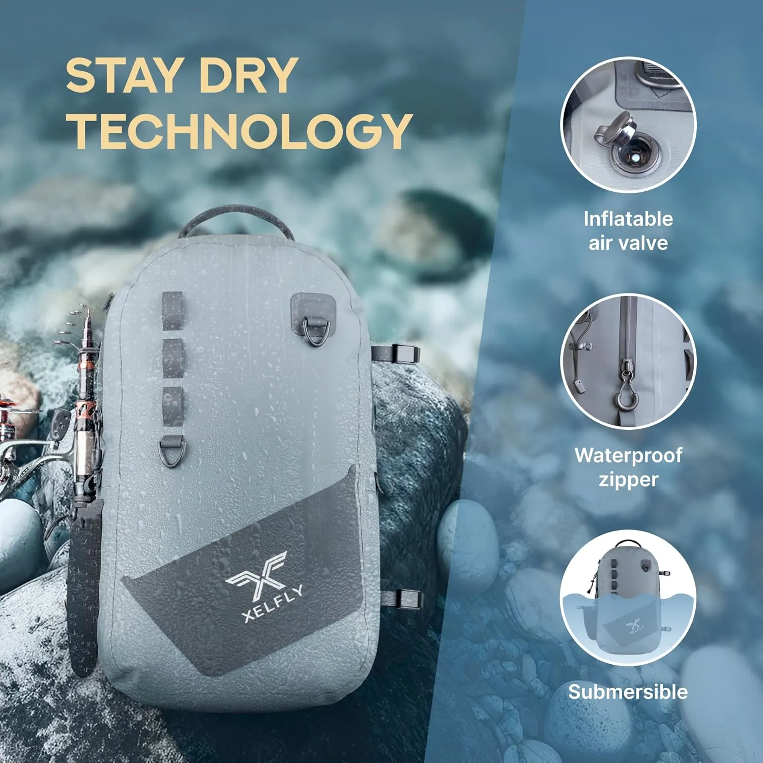 Waterproof Fishing Backpack with Rod Holder, Inflatable Air Valve, Gear Loops, Submersible Zipper