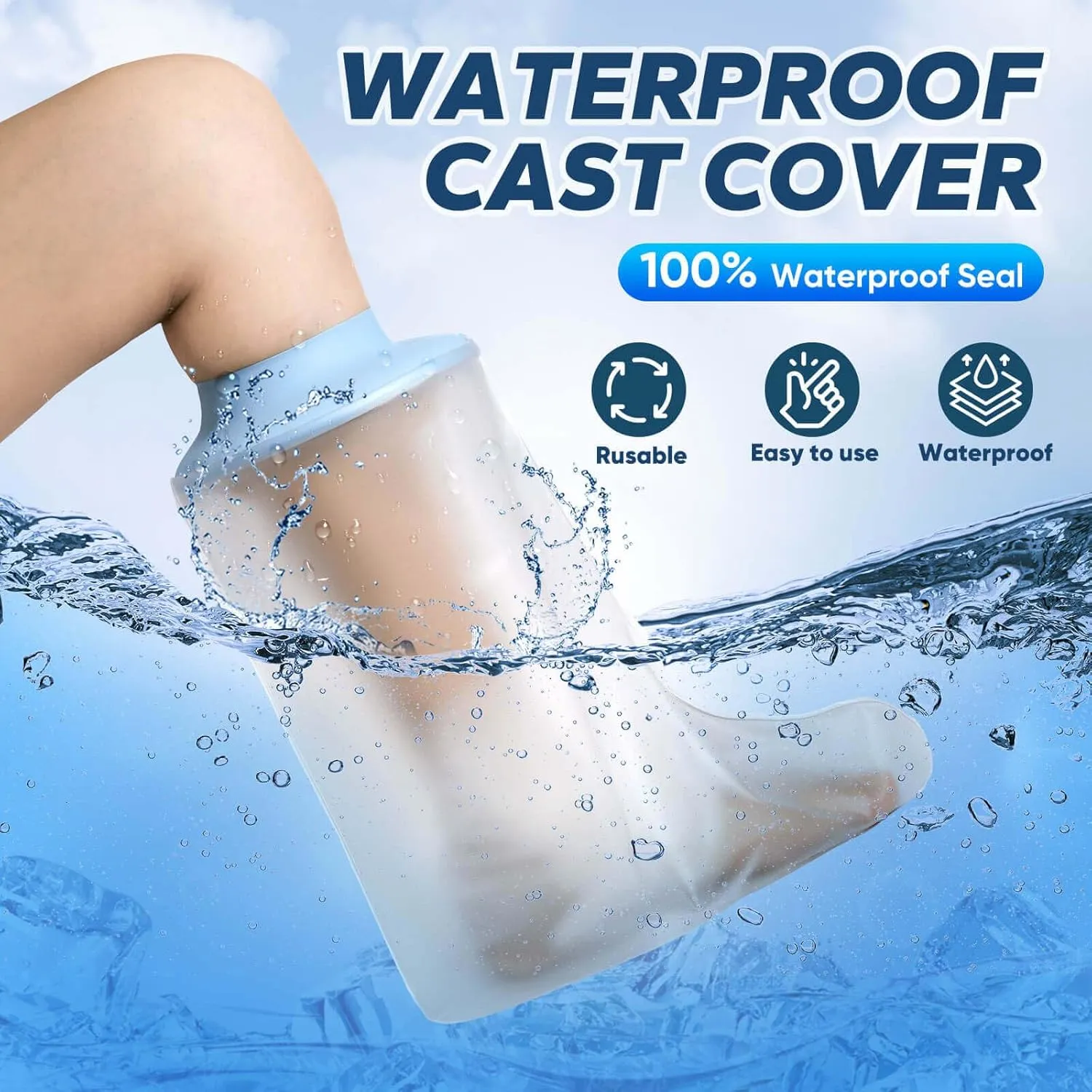 Waterproof Foot Cast Cover for Shower, Watertight Protector for Adults Foot, Ankle, Surgery, Wounds & Burns  Cast Bag for Foot and Ankle Showering, Reusable & Durable