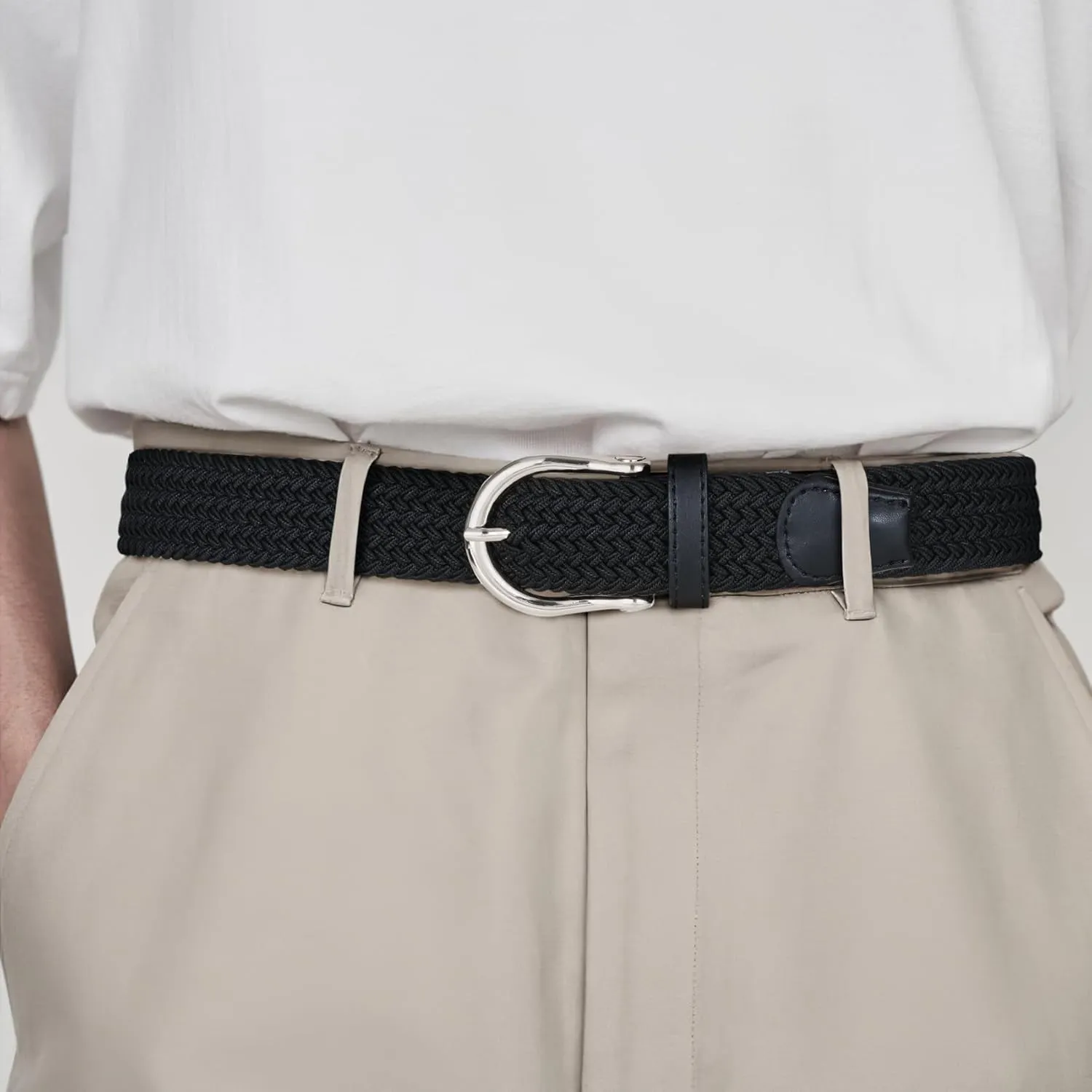XZQTIVE Braided Belt for Women Men Stretch Woven Belt Plus Size Elastic Belt with Silver Gold Buckle for Jeans Pants