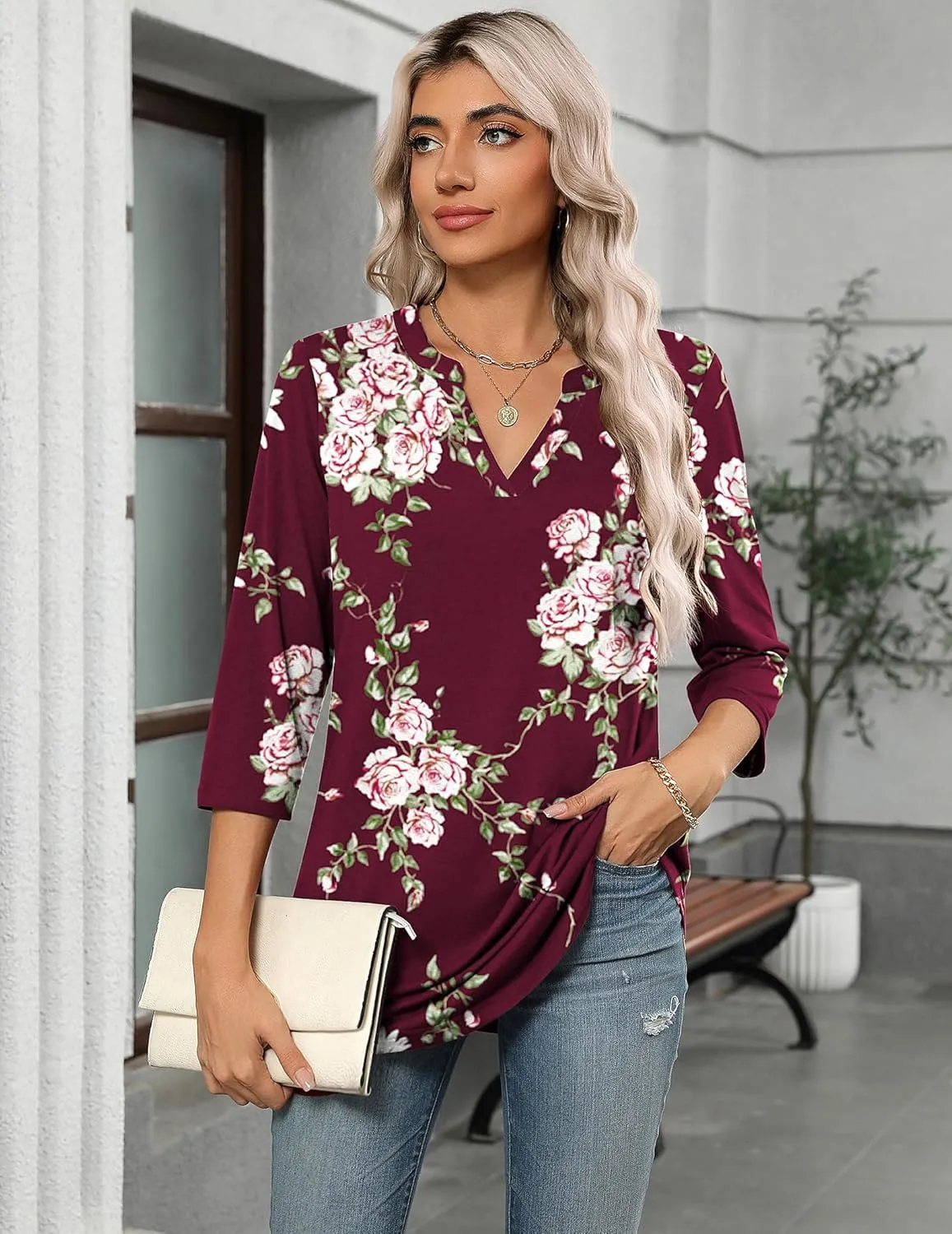 Zeagoo Womens 3/4 Length Sleeve Tops V Neck Tunic Casual Dressy Blouse Floral Printed T Shirts