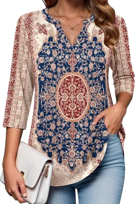 Zeagoo Womens 3/4 Length Sleeve Tops V Neck Tunic Casual Dressy Blouse Floral Printed T Shirts