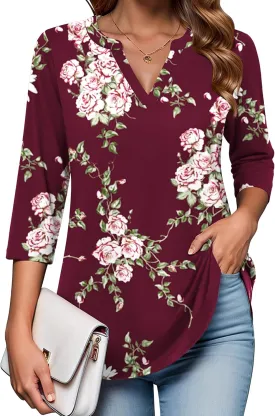 Zeagoo Womens 3/4 Length Sleeve Tops V Neck Tunic Casual Dressy Blouse Floral Printed T Shirts