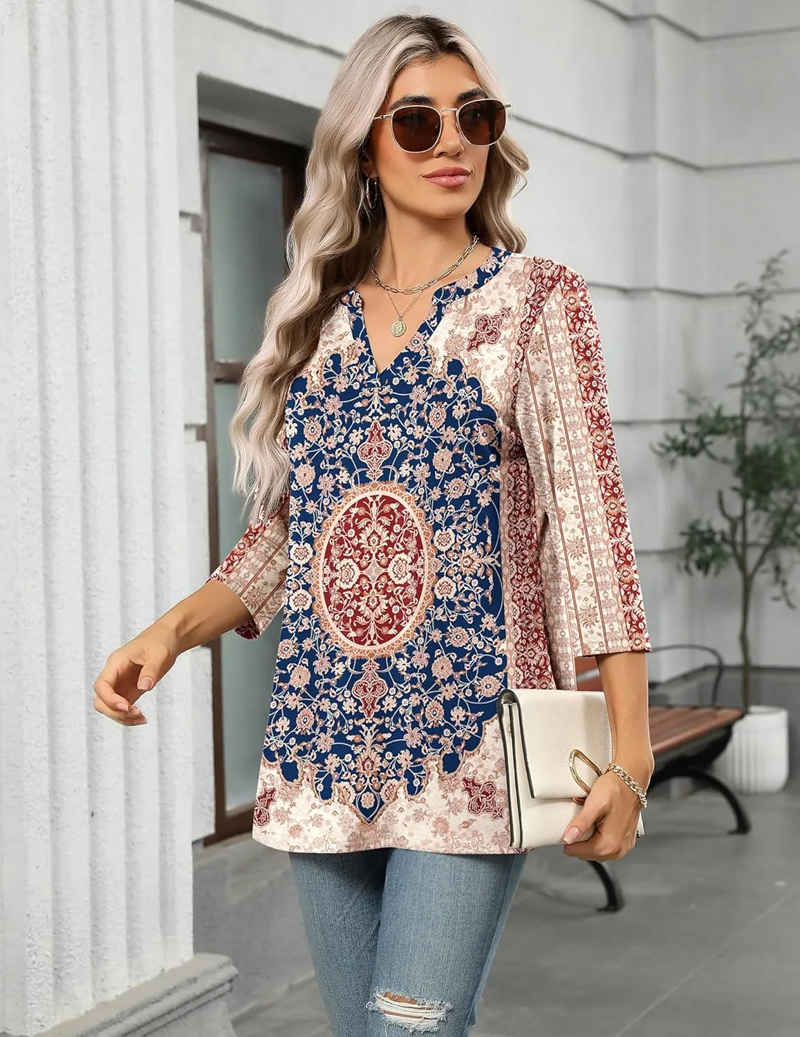 Zeagoo Womens 3/4 Length Sleeve Tops V Neck Tunic Casual Dressy Blouse Floral Printed T Shirts