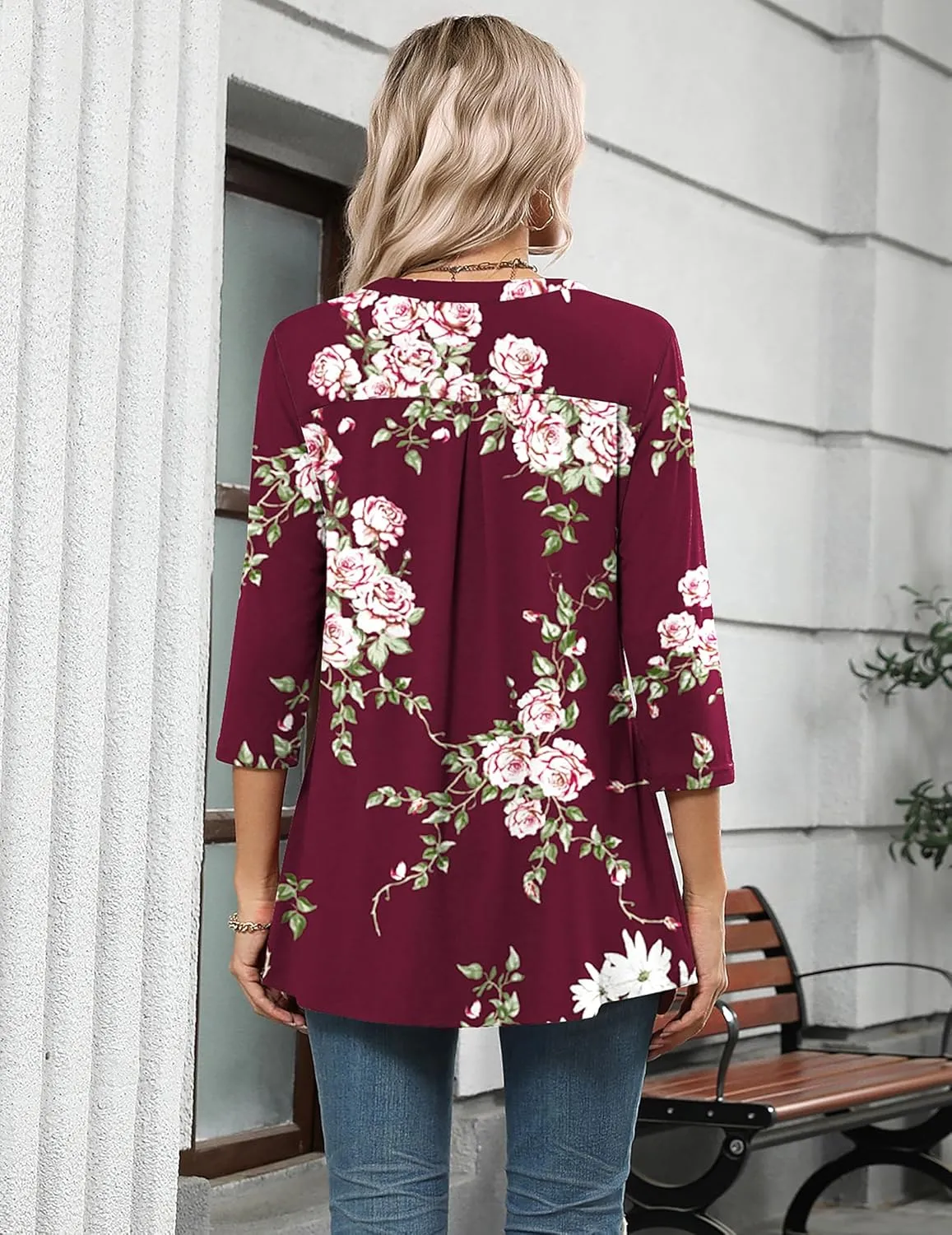 Zeagoo Womens 3/4 Length Sleeve Tops V Neck Tunic Casual Dressy Blouse Floral Printed T Shirts