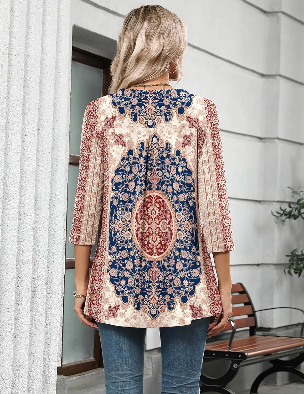 Zeagoo Womens 3/4 Length Sleeve Tops V Neck Tunic Casual Dressy Blouse Floral Printed T Shirts