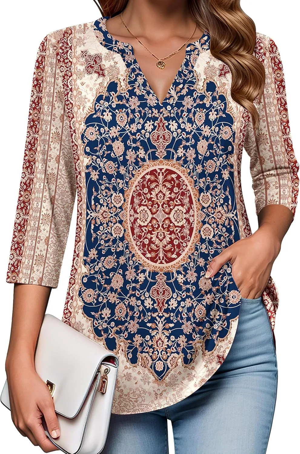 Zeagoo Womens 3/4 Length Sleeve Tops V Neck Tunic Casual Dressy Blouse Floral Printed T Shirts