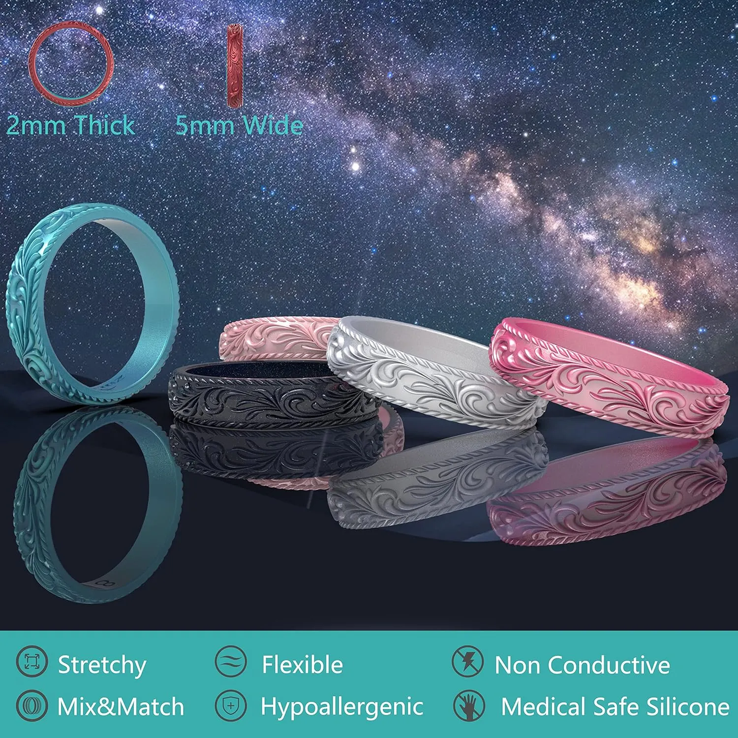 Zollen Silicone Wedding Rings for Women 4/7 Packs -Metallic Stackable Silicone Rubber Wedding Bands -Innovative Vine Collection