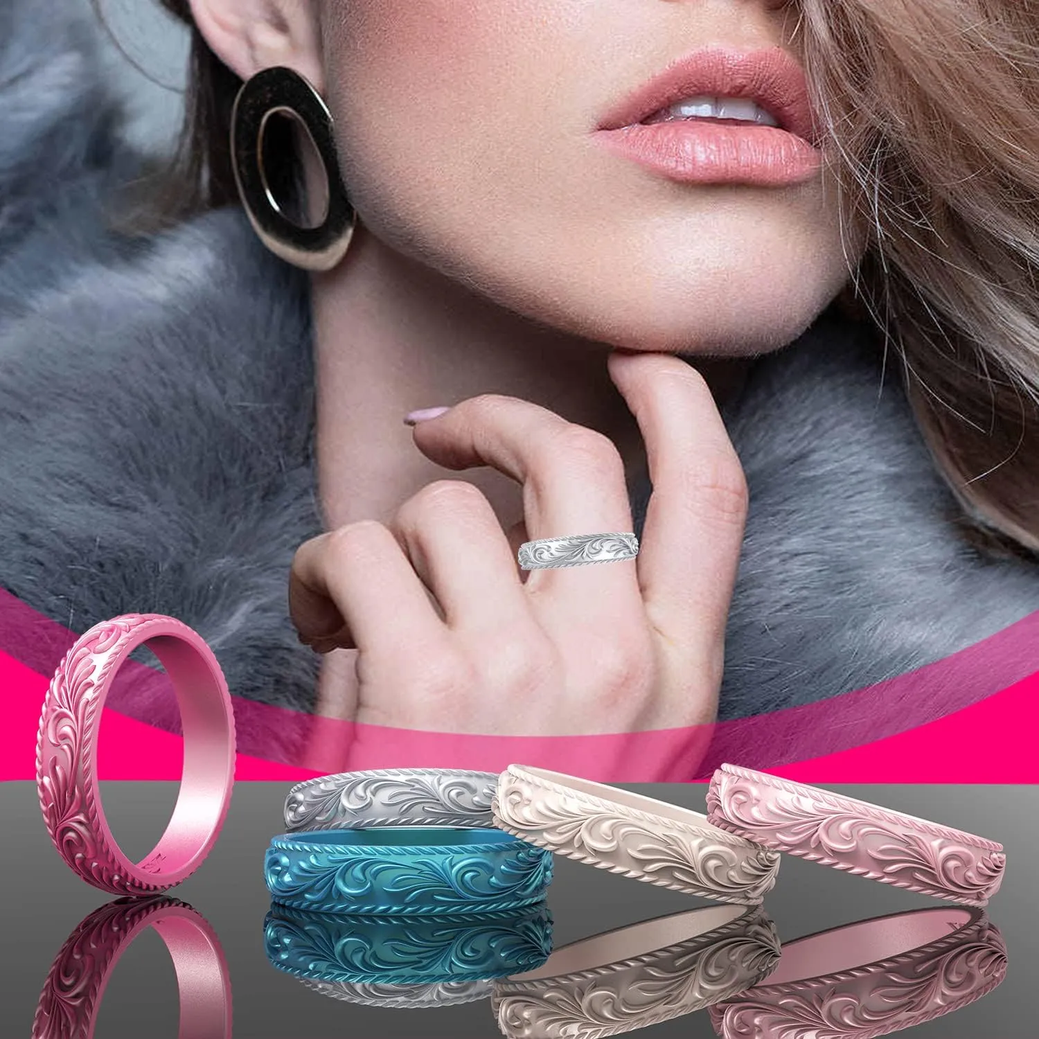 Zollen Silicone Wedding Rings for Women 4/7 Packs -Metallic Stackable Silicone Rubber Wedding Bands -Innovative Vine Collection