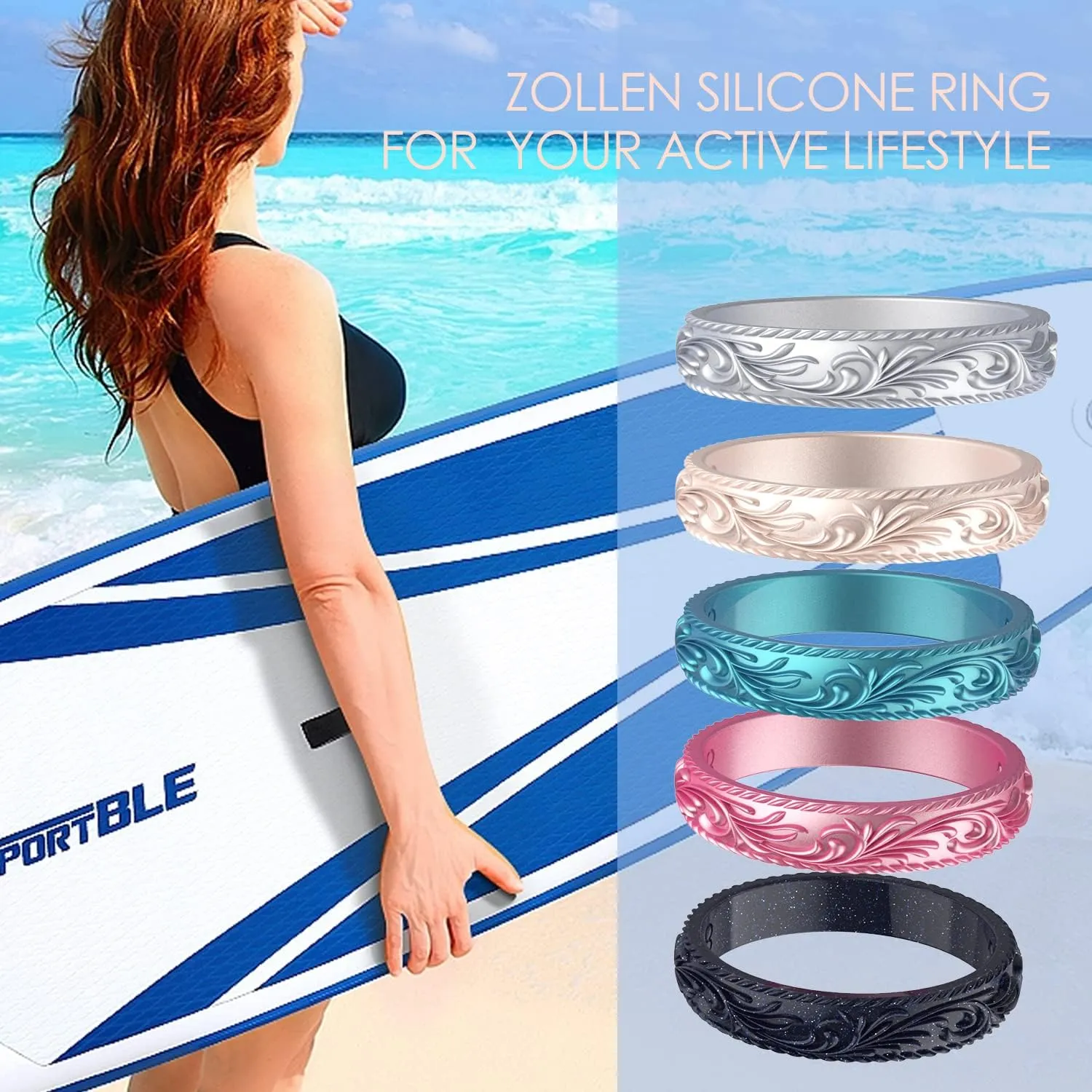 Zollen Silicone Wedding Rings for Women 4/7 Packs -Metallic Stackable Silicone Rubber Wedding Bands -Innovative Vine Collection